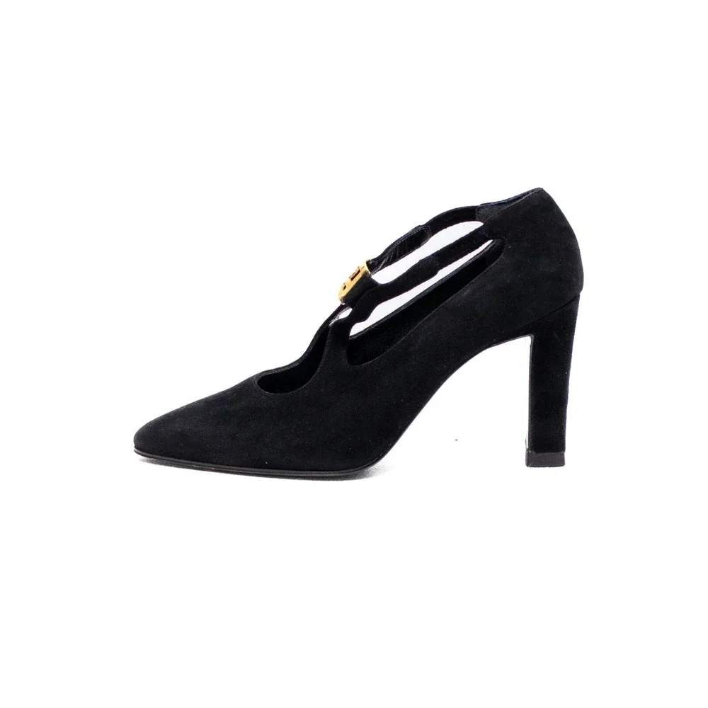 Vintage Fendi Scarpe Black Suede T-Strap Heels with Gold FF Buckle–Size 5.5/EU36